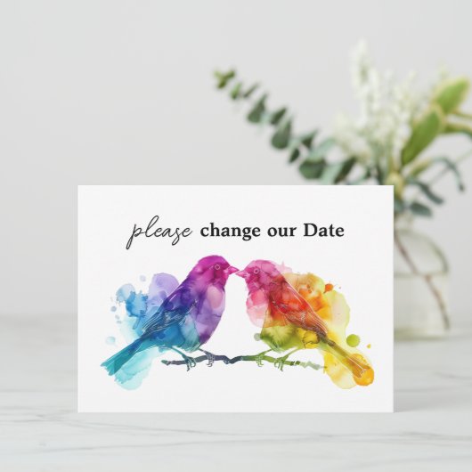 Wijzig onze datum LGBTQ+ Rainbow Lovebirds Informatiekaartje (Staand voorkant)