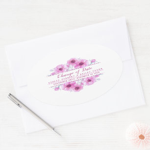 Wijziging datum anemone roze bruiloft uitgestelde  ovale sticker