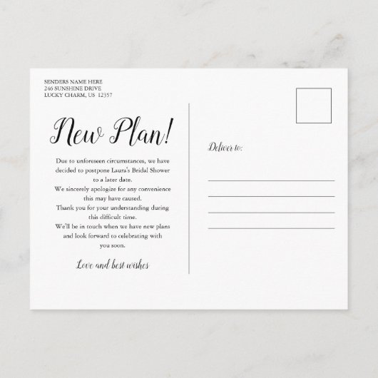 Wijziging datum Vrijgezellenfeest uitgestelde kaar Briefkaart (Achterkant)