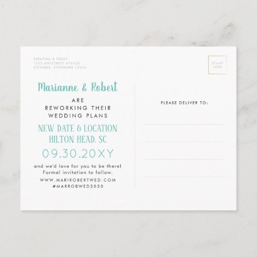 Wijziging herchedule datum bestemming bruiloft aankondigingskaart (Achterkant)