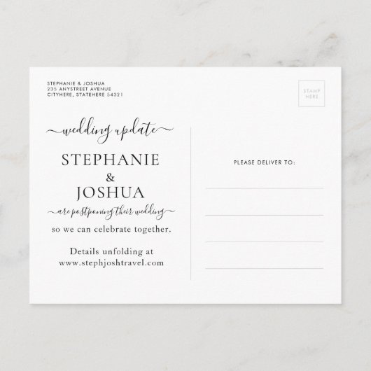 Wijziging in plannen uitgesteld bestemming bruilof aankondigingskaart (Achterkant)