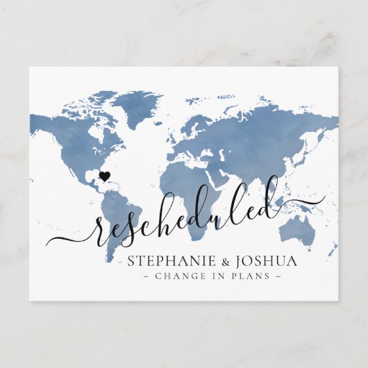 Wijziging in plannen uitgesteld bestemming bruilof aankondigingskaart (Voorkant)