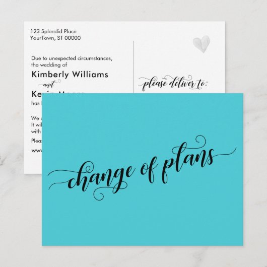 Wijziging plannen Turquoise Postponed Wedding Briefkaart (Voorkant / Achterkant)
