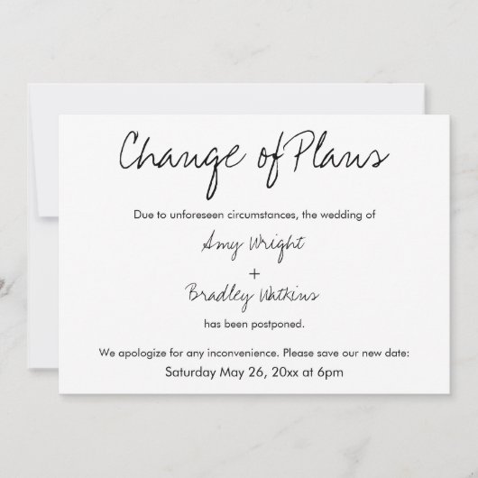 "Wijziging plannen" Uitgestelde aankondiging huwel (Voorkant)