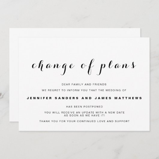 "Wijziging plannen" Uitgestelde aankondiging huwel (Voorkant / Achterkant)