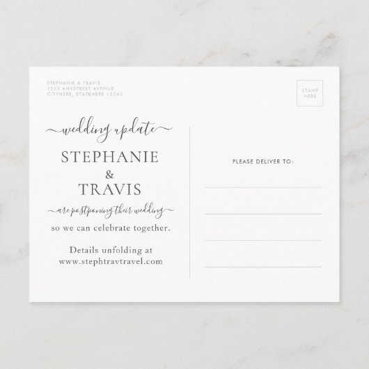 Wijziging plannen uitgestelde bestemming bruiloft aankondigingskaart (Achterkant)