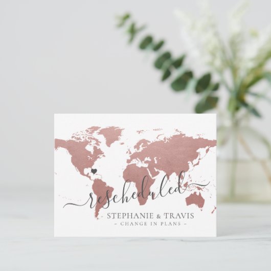 Wijziging plannen uitgestelde bestemming bruiloft aankondigingskaart (Staand voorkant)