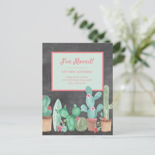 Wijziging van adres: Chalkboard Cactus Floral Briefkaart (Staand voorkant)