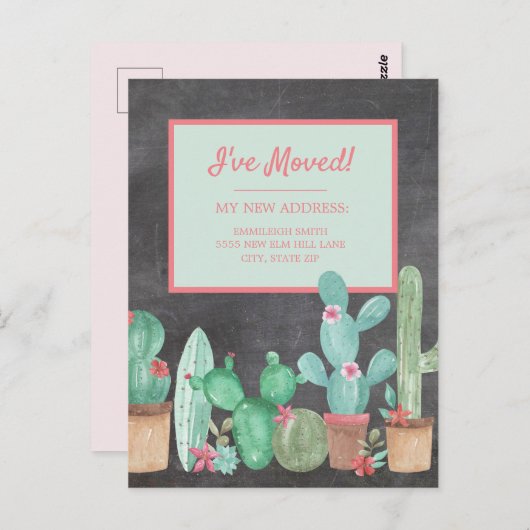 Wijziging van adres: Chalkboard Cactus Floral Briefkaart (Voorkant / Achterkant)