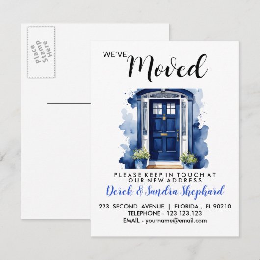 Wijziging van adres we hebben blauwe voordeur verp aankondigingskaart (Voorkant / Achterkant)