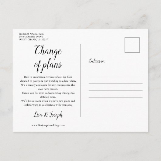 Wijziging van Datum Uitgestelde Geannuleerde Gebeu Briefkaart (Achterkant)