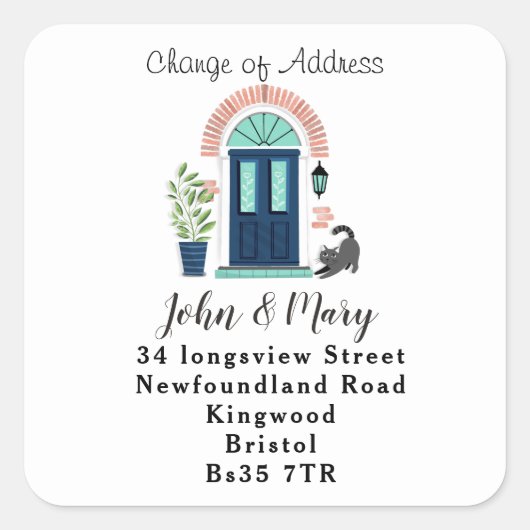 Wijziging van de adressticker Blauwe voordeur & ka Vierkante Sticker (Voorkant)