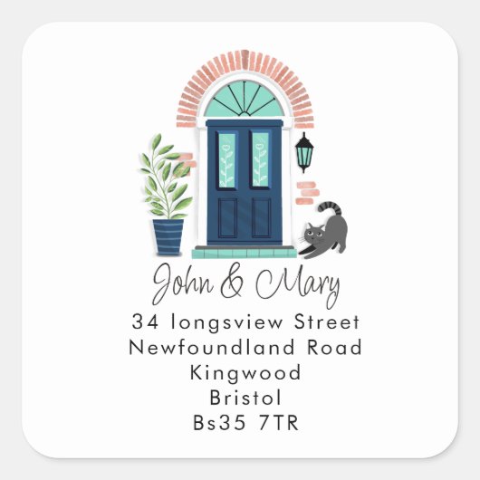 Wijziging van de adressticker Blauwe voordeur & ka Vierkante Sticker (Voorkant)