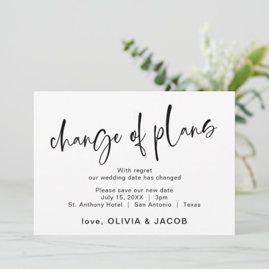 Wijziging van de plannen | Modern zwart en wit Save The Date (Staand voorkant)