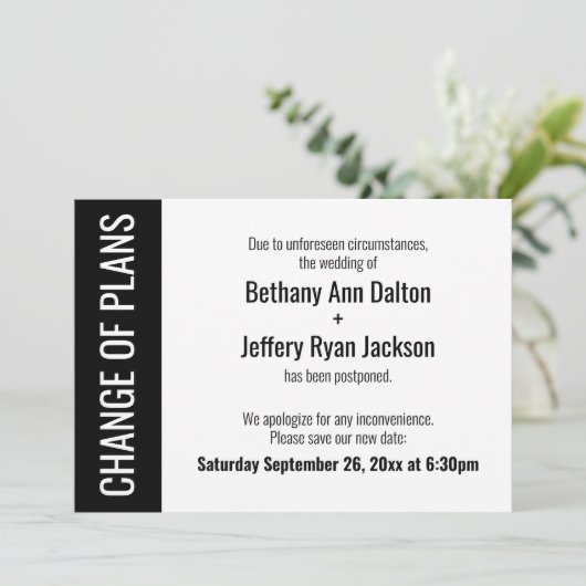 Wijziging van plannen Bold Postponed Wedding Card Kaart (Staand voorkant)