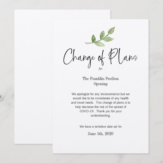 Wijziging van plannen Business Personal Event COVI Kaart (Voorkant / Achterkant)