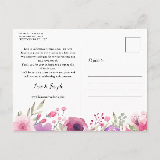 Wijziging van Plannen Datum Uitgesteld Geannuleerd Aankondigingskaart (Achterkant)