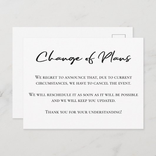 Wijziging van plannen eenvoudig uitstel aankondigi briefkaart (Voorkant / Achterkant)