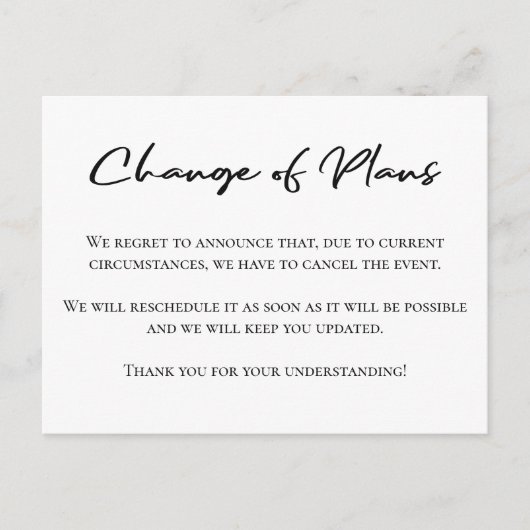 Wijziging van plannen eenvoudig uitstel aankondigi briefkaart (Voorkant)