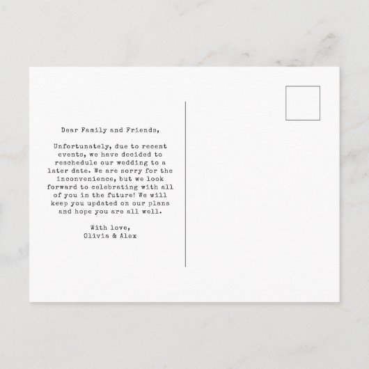 Wijziging van plannen | Eenvoudige tekst voor schr Briefkaart (Achterkant)