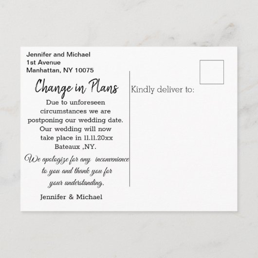 wijziging van plannen,modern handschrift schrift,h aankondigingskaart (Achterkant)