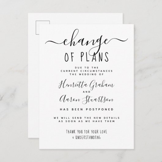 Wijziging van plannen Nieuwe datum bekendmaking Uitnodiging Briefkaart (Voorkant / Achterkant)