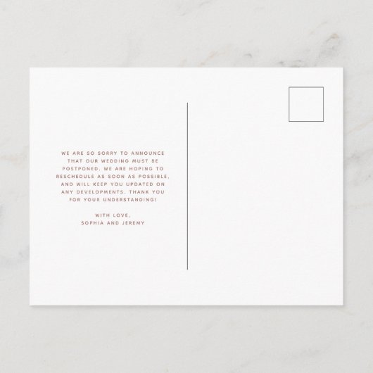 Wijziging van plannen | Uitstel van fotoweddenscha Briefkaart (Achterkant)