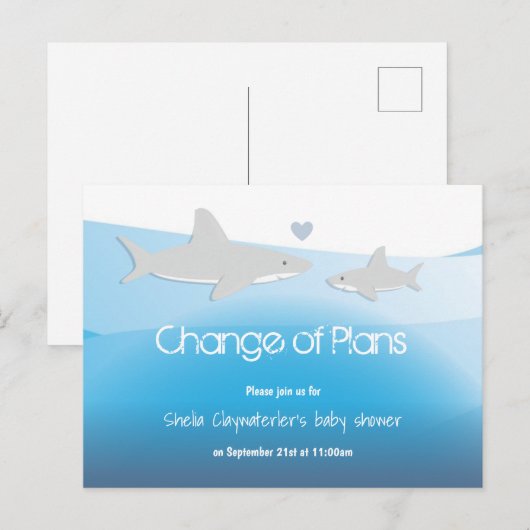 Wijzigingsplannen Blue Shark Baby shower Uitnodiging Briefkaart (Voorkant / Achterkant)