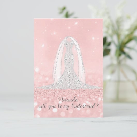 Wil je Bridesmaid Glitter Gray Dress Pink Veil Kaart (Staand voorkant)
