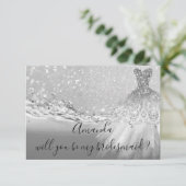 Wil je Bridesmaid Gray Glitter Ocean Silver Kaart (Staand voorkant)