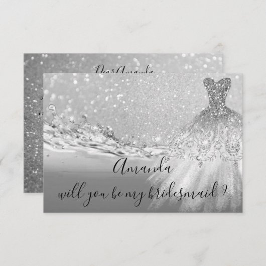 Wil je Bridesmaid Gray Glitter Ocean Silver Kaart (Voorkant / Achterkant)