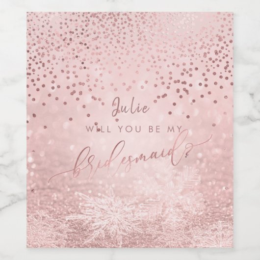 Wil je bruidsmeisje. Faux Roos Gold Snow Bokeh Wijn Etiket (Enkel label)