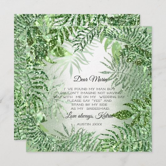 Wil je bruidsmeisje Tropical Glitter Mint Green Kaart (Voorkant / Achterkant)