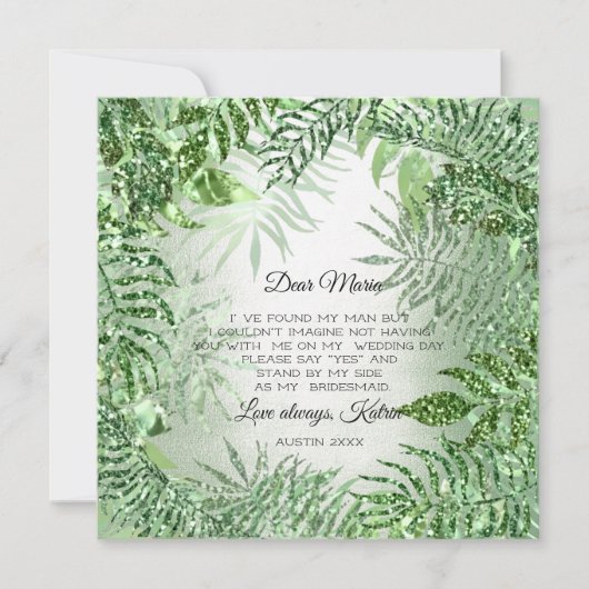 Wil je bruidsmeisje Tropical Glitter Mint Green Kaart (Voorkant)