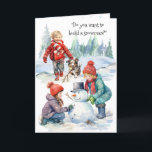 Wil je een Snowman Christmas Kaart bouwen?<br><div class="desc">Wil je een sneeuwpop bouwen? Schattigee kinderen die een sneeuwpop bouwen met een Australische herdershondpuppy die helpt door zijn stok mee te nemen voor de ontbrekende arm van de sneeuwpop. "Hoera! Het is Kerstmis! "Laat het sneeuwen, laat het sneeuwen, laat het sneeuwen!" Personaliseer met je eigen familienaam of verwijder om...</div>