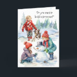 Wil je een Snowman Christmas Kaart bouwen?<br><div class="desc">Wil je een sneeuwpop bouwen? Schattigee kinderen die een sneeuwpop bouwen met een Australische herdershondpuppy die helpt door zijn stok mee te nemen voor de ontbrekende arm van de sneeuwpop. "Hoera! Het is Kerstmis! "Laat het sneeuwen, laat het sneeuwen, laat het sneeuwen!" Personaliseer met je eigen familienaam of verwijder om...</div>