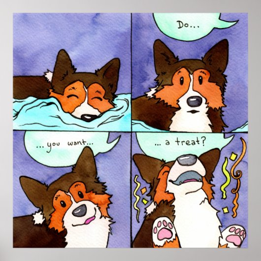 "Wil je een traktatie?" Grappige Corgi Comic Poster (Voorkant)