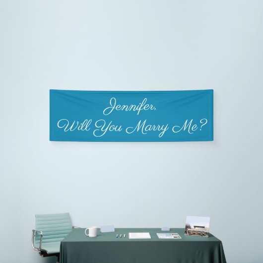 Wil je me trouwen? White Script, Deep Sky Blue Spandoek (Beurs)