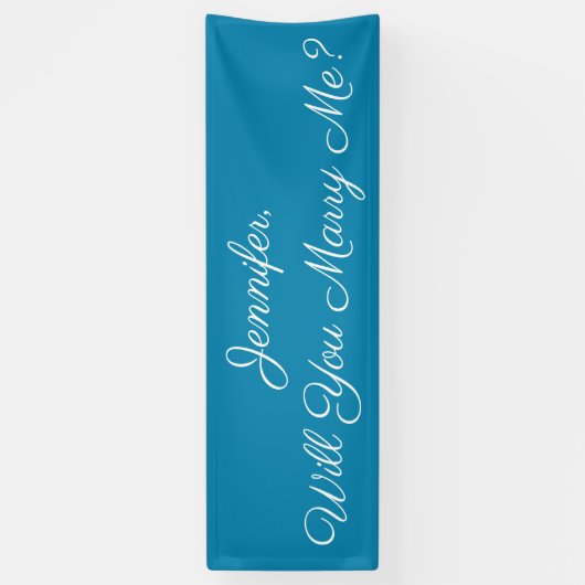 Wil je me trouwen? White Script, Deep Sky Blue Spandoek (Verticaal)