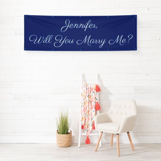 Wil je me trouwen? Wit script, diep blauw Spandoek (Insitu)