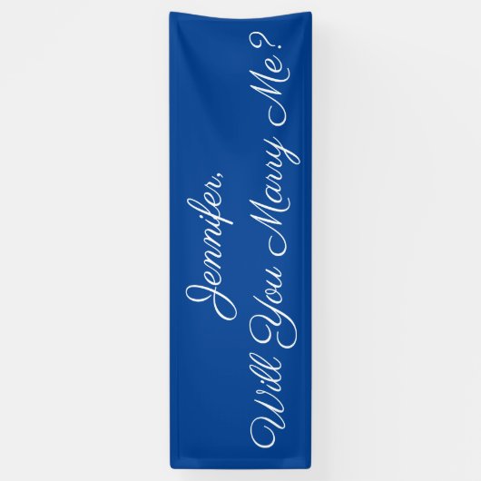 Wil je me trouwen? Wit script, diep blauw Spandoek (Verticaal)