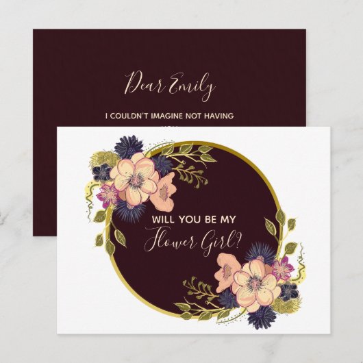 Wil je mijn Bloemenmeisje Bourgogne Marsala Floral Uitnodiging Briefkaart (Voorkant / Achterkant)