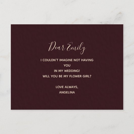 Wil je mijn Bloemenmeisje Bourgogne Marsala Floral Uitnodiging Briefkaart (Achterkant)