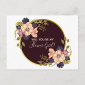 Wil je mijn Bloemenmeisje Bourgogne Marsala Floral Uitnodiging Briefkaart (Voorkant)