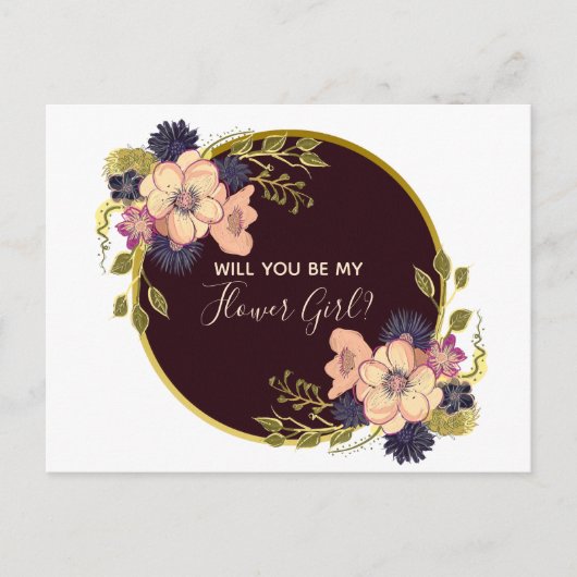 Wil je mijn Bloemenmeisje Bourgogne Marsala Floral Uitnodiging Briefkaart (Voorkant)