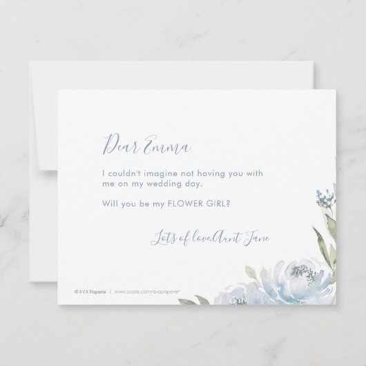 Wil je mijn bloemenmeisje zijn stoffig blauwe bloe kaart (Achterkant)