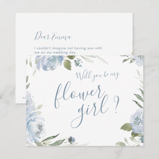 Wil je mijn bloemenmeisje zijn stoffig blauwe bloe kaart (Voorkant / Achterkant)