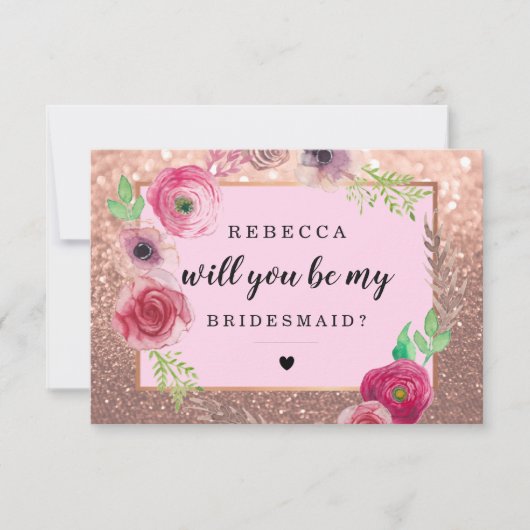 Wil je mijn bruidsmeisje-bloemen glitter rose goud kaart (Voorkant)
