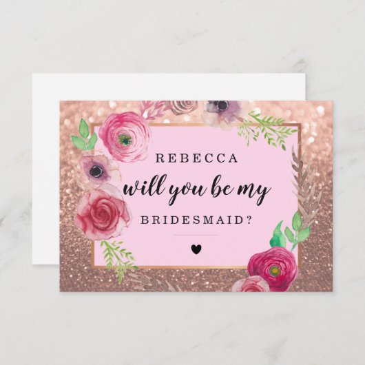 Wil je mijn bruidsmeisje-bloemen glitter rose goud kaart (Voorkant / Achterkant)