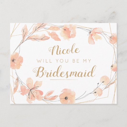 Wil je mijn bruidsmeisje Blush Blooms Waterverf zi Uitnodiging Briefkaart (Voorkant)